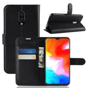 Housse pour OnePlus 6T - avec Support Étui à rabat Portefeuille Case Silicone TPU Antichocs Housse Noir