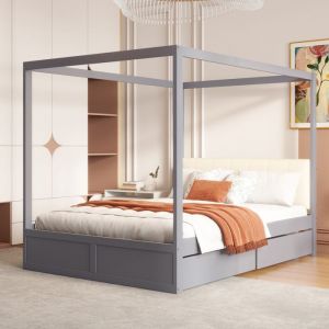 Lit &agrave; baldaquin 140 x 200 cm lit double lit en bois avec grands tiroirs et t&ecirc;te de lit souple - gris