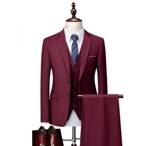 (Veste+Gilet+Pantalon)Costume Homme 3 pièces Mariage Business Fit Smoking Simple Poitrine Men Suits XHB354 Bordeaux