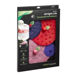 LOT DE 4 COUVERCLES HERMETIQUE EN SILICONE DECOR FRUITS ROUGES ASSORTIS 10 - 25 - 23 - 28 CM- CHARLE