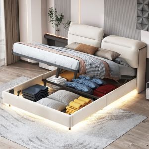 Lit coffre 160x200 cm avec sommier et coffre de rangement Lit adulte avec LED int&eacute;gr&eacute;e T&ecirc;te de lit pliable Tissu Velours Beige
