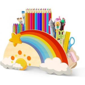 Organiseur Bureau Enfant - Pot &agrave; Crayon Bois - 5 Compartiments - Design Arc-en-Ciel - R&eacute;sistant &agrave; lEau