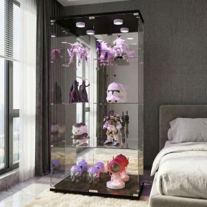 Vitrine &agrave; Double Porte 4 Niveaux en Verre Tremp&eacute; Miroir en Fond LED Charge Maximale 5 kg par Niveau Design &Eacute;l&eacute;gant Verre Noir