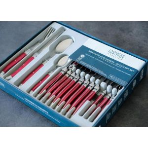 Ménagère 24 Pièces-Set De Couverts De Table Acier Inox Et Abs Pour 6 Personnes-Présentation Coffret Cadeau-Couleur Nacré Rouge