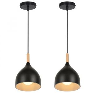 Lot de 2 Lustres Suspensions R&eacute;tro Luminaire Moderne Plafonnier E27 M&eacute;tal Bois pour Salle &agrave; Manger (&Oslash;17CM Noir) - SMOTOP