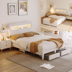 Lit pour enfants 160x200 avec LED - Lit simple avec 2 tiroirs - Lit avec rangement et sommier &agrave; lattes et t&ecirc;te de lit -Velours