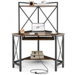 COSTWAY Bureau d’Angle Informatique avec Clapier Étagères et Plateau pour Clavier Prises Secteur et Ports USB Marron
