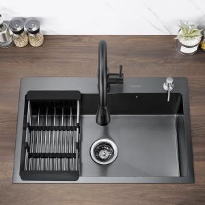 Lonheo &Eacute;vier 1 Bac 68x45x19CM &Eacute;vier &agrave; Encastrer en Inox &Eacute;vier Cuisine Noir avec Distrubuteur de savon et &Eacute;gouttoir panier