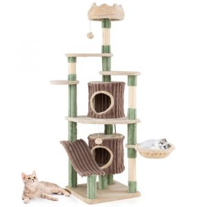 Arbre &agrave; Chat Multi-Niveaux 163 CM COSTWAY 2 Condos Perchoir en Peluche Poteaux &agrave; Griffer en Sisal Balles Suspendues Toboggan