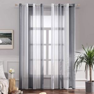Lot de 2 Rideau Voilage Imprimes Rideaux à Oeillets Panneaux de Rideaux Intérieurs Semi-Transparent Blanc+Gris Rayures140x260cm