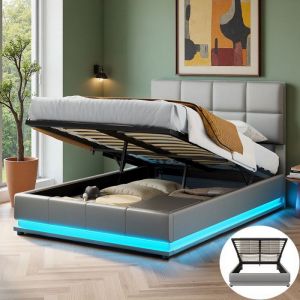 Cadre de lit 140x190 cm  DAIDAI Avec LED PU Gris Sommier Hauteur r&eacute;glable Style scandinave Meuble de chambre lit coffre