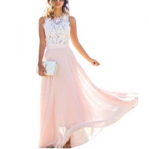 HOOME robe ete femme 2017 longue robe de plage ElegantRobe de Soiree Maxi Longue Dentelle Mousseline Sans Manche Cocktail
