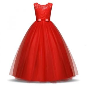 Robe Princesse Fille Cérémonie en Dentelle Robe Longue Broderie de Soirée de Mariage Tulle Sans Manches - Rouge