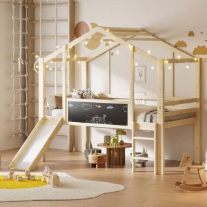 Lit mezzanine enfant 90x200cmlit bois massif avec échelle de sécurité et tobogganlit simple avec sommier à lattesBois naturel