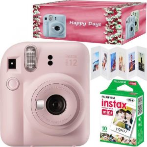 Fujifilm Instax Mini 12 Ensemble appareil photo instantané  couleur fleur rose avec 10 films cadre accordéon et boîte Happy Days