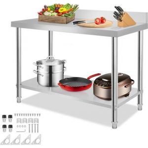 LILIIN Table Plan de Travail Cuisine avec rebord en Acier Inoxydable à 2 Niveaux (120x60x85cm MAX 160 kg )