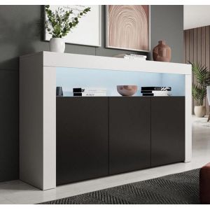 Buffet Bahut 3 portes LED  155 x 915 x 37cm  Couleur Blanc et Noir  Finition mate  Rangement  AKER