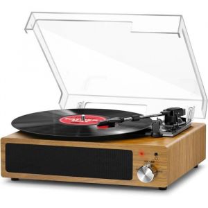 Platine Vinyle - FYDEE - Bluetooth Portable - 3 Vitesses - Enceintes Intégrées - Bois Naturel