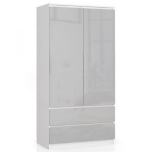 Armoire AKORD S60 Blanche 90 cm 2 portes 2 tiroirs fa&ccedil;ade M&eacute;tallique Brillant 4 &eacute;tag&egrave;res 90x51x180 cm