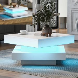 Table basse carrée blanche brillante 70x70x36 cm Table basse bois moderne avec plateau pivotant 360° et Lumière LED