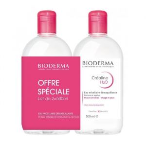 Eau Micellaire BIODERMA Créaline H2O pour peaux sensibles normales à mixtes - lot de 2x500ml