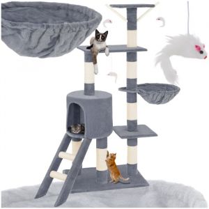 Arbre à chat - TECTAKE - Mobilier pour chat DOMINIQUE 142 cm de hauteur avec griffoir hamac et jouets - Gris
