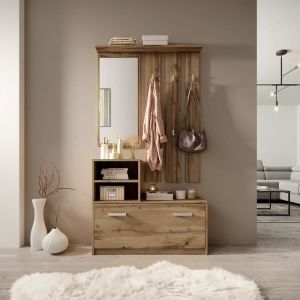 Vestiaire d’entrée / Meuble d’entrée - AMBRE - 85 cm - chêne wotan - armoire à chaussures - portemanteau - miroir