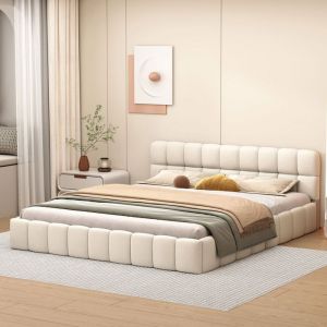 Lit Double Capitonn&eacute; 140x190 cm Lit Adulte Sommier &agrave; Lattes en Bois Massif de Pin Lit Complet Lin Beige Sans Matelas