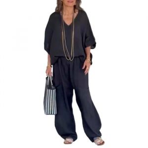 Ensemble de vetements décontracté en coton et lin pour femme ECELEN - Col en V - Noir