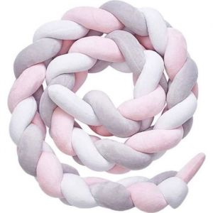 3M Tour de Lit Coussin Serpent Coussin Tress&eacute; Pare-chocs Velours Protection B&eacute;b&eacute; Gris blanc rose