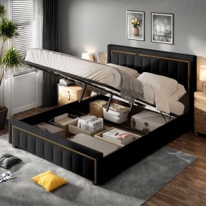 Lit coffre 140 x 200cm Lit adulte lit capitonn&eacute; avec t&ecirc;te de lit tissu en velours cadre de lit avec levier hydraulique Noir