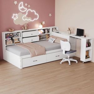 Lit simple Maisentiel 90x200 cm bois blanc multifonction avec rangements int&eacute;gr&eacute;s tiroirs et bureau escamotable