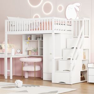 Lit mezzanine enfant 90x200 cm Lit simple en bois avec bureau &eacute;tag&egrave;res tiroirs armoire et escalier de rangement - blanc