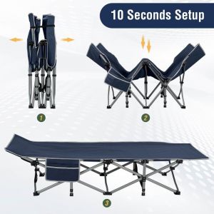 Lit de Camping Pliable Tête Inclinée Poche de Rangement Latérale Lit de voyage Lit 1 Place Lit d’Appoint190x72x35cm Bleu marine
