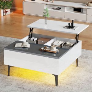 Table Basse Relevable en Hauteur Table Basse de Salon Blanc Laqué avec Rangement étagère Tiroir et éclairage LED 70x70x35 cm