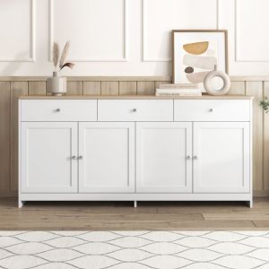 Buffet De Cuisine Moderne - LEWW Buffet - 4 portes et 3 tiroirs - Blanc+Naturel - L 160 x P 37 x H 75 cm