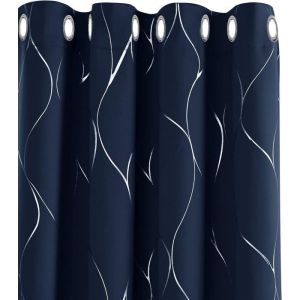 Lot de 2 Rideaux Occultants Isolants a Oeillets avec Motif Argente Bleu Marine 132x213 cm Rideaux Cuisine ChambreThermique Anti