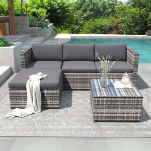 Ensemble de salon de jardin en rotin tress&eacute; canap&eacute; dangle avec coussins table basse id&eacute;al pour lext&eacute;rieur - Gris