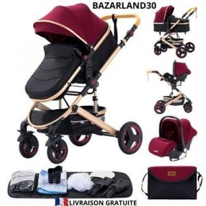 BAZARLAND30.Poussette 3 en 1 Bébé Combinée Siège-Auto Nacelle Trio Réversible Réglable Haute Qualité Roues increvables Canne rouge