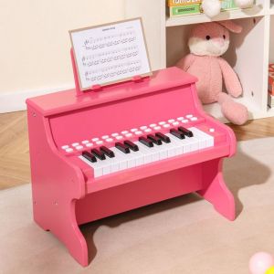 Piano Electronique pour Enfants 3Ans+ 25 Touches Lumineuses COSTWAY-en Bois-VitesseVolume R&eacute;glables-Mode P&eacute;dagogiquePupitre-Rose