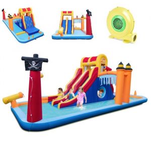 DREAMADE Ch&acirc;teau Gonflable 6 en 1 avec Gonfleur 850W Double Toboggan Mur dEscalade Grotte Canon &agrave; Eau Jeu de Lancer dAnneaux