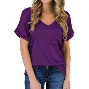T-shirt femme col V rayures grande &agrave; demi-manches coton doux confortable Poignets boucl&eacute;s T-shirtViolet