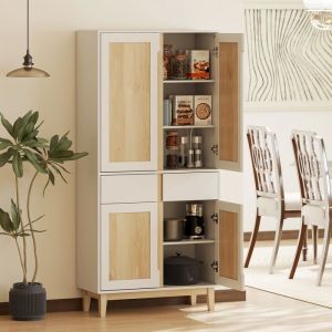 Buffet haut cuisine armoire de cuisine avec 4 portes 2 tiroirs et &eacute;tag&egrave;res r&eacute;glables 80x35x170cm blanc et ch&ecirc;ne