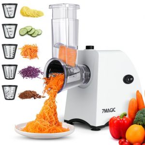 Râpe à légumes électrique 5 en 1 - Hachoir électrique mandoline à légumes 250W - Découpe-légumes Avec 5 cônes en acier inoxydable
