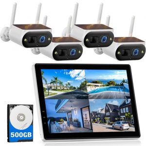 CAMCAMP Kit Caméra de Surveillance sans Fil Extérieur 4MP WiFi 4 caméras batteries solaires + 10 NVR écran Audio Bidirectionnel