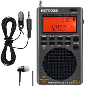 Retekess TR110 Mini Scanner Radio SSB, Radio Ondes Courtes, AIR FM MW SW, Batterie Rechargeable, Horloges, Minuterie de Veille