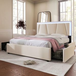 Lit Tiroir capitonn&eacute; adulte LED 160x200 cm Lit Queen Size lit double lit Sommier Coffre inclusbeige (matelas non inclus)