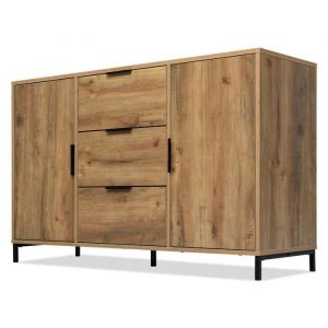 Commode avec 2 Portes et 3 Tiroirs Meubles de Rangement Buffet avec &eacute;tag&egrave;re R&eacute;glable et Poign&eacute;e Noire Style Industriel Ch&ecirc;ne