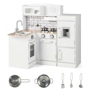 DREAMADE Cuisine d’Angle Enfants Jeu dImitation avec Réfrigérateur Cuisinière Evier Robinet Hotte Son et Accessoires Riche Blanc