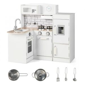 DREAMADE Cuisine d’Angle Enfants Jeu d'Imitation avec Réfrigérateur Cuisinière Evier Robinet Hotte, Son et Accessoires Riche, Blanc